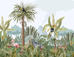 Tapet tropical personalizat cu jungla ilustrata care curpinde flora si fauna tropicala contine frunze tropicale de monstera palmieri bananieri cocotieri flori tropicale de planta paradisului nuci de cocos dar si zebre specii de papagali tropicali papagalul toucan urias leopard flamingo maimuta jungle illustration