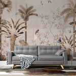 Tapet personalizat tropical cu jungla tropicala in nuante de roz cu plante si pasari orientale pink oriental jungle