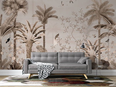 fototapet-personalizat-tropical-cu-jungla-tropicala-in-nuante-de-roz-cu-plante-si-pasari-orientale-pink-oriental-jungle