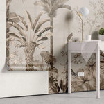 Tapet personalizat tropical cu jungla tropicala in nuante de roz cu plante si pasari orientale pink oriental jungle