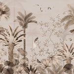 Tapet personalizat tropical cu jungla tropicala in nuante de roz cu plante si pasari orientale pink oriental jungle