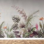Tapet personalizat tropical cu jungla tropicala in nuante de verde portocaliu si roz aesthetic jungle