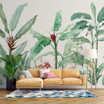 Tapet personalizat tropical cu plante exotice tropicale cu flori in nuante de verde intr un fundal alb tropical cold green