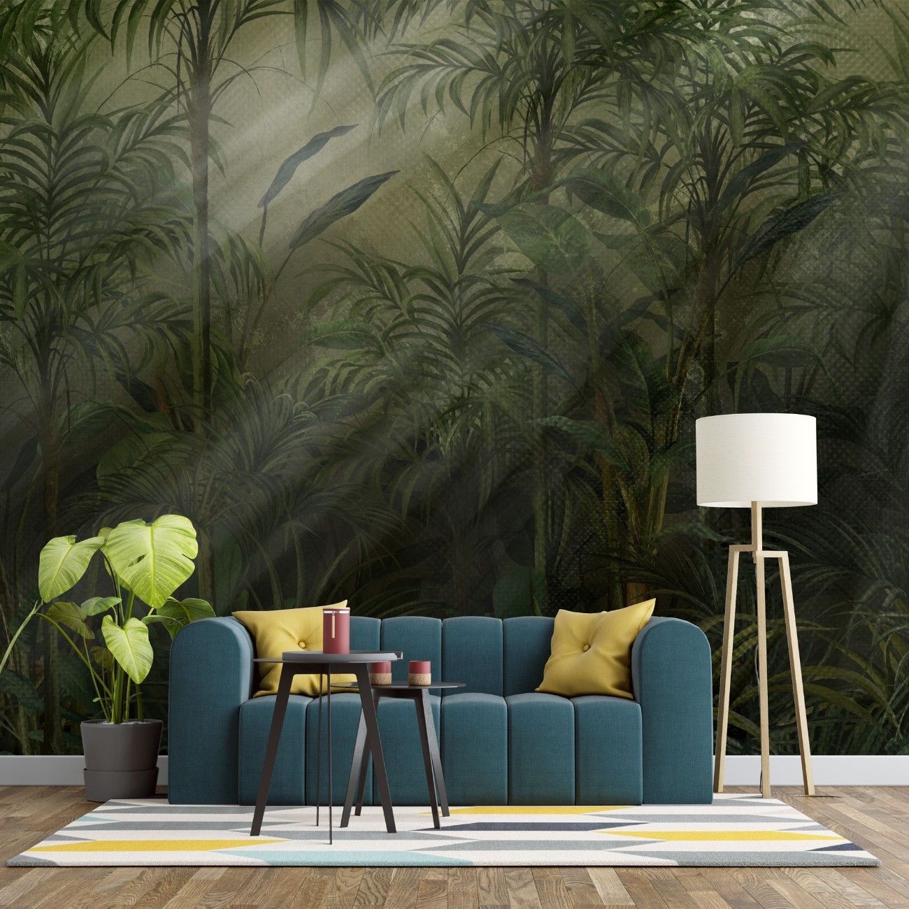 tapet personalizat tropical cu straturi texturate in nuante vii de verde inchis oferind o senzatie de profunzime si mister tropical texture dark