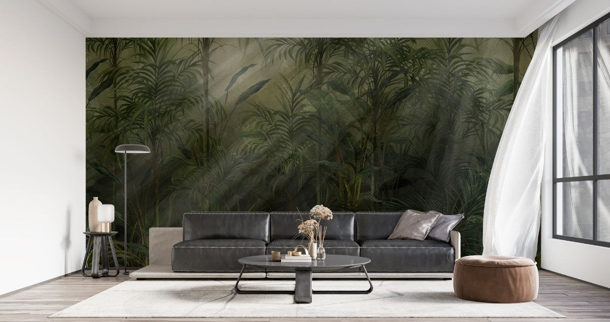 tapet personalizat tropical cu straturi texturate in nuante vii de verde inchis oferind o senzatie de profunzime si mister tropical texture dark