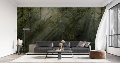 tapet personalizat tropical cu straturi texturate in nuante vii de verde inchis oferind o senzatie de profunzime si mister tropical texture dark