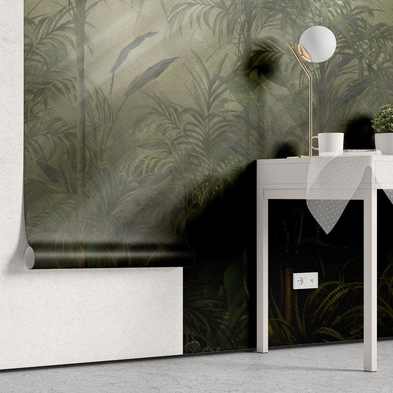 tapet personalizat tropical cu straturi texturate in nuante vii de verde inchis oferind o senzatie de profunzime si mister tropical texture dark
