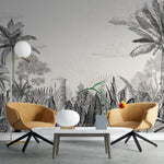 Tapet personalizat tropical cu un sketch de natura tropicala in tonuri neutre oferind un aspect rustic si elegant tropical sketch