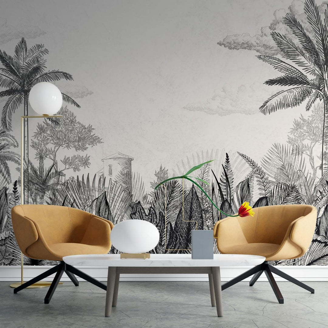 Tapet personalizat tropical cu un sketch de natura tropicala in tonuri neutre oferind un aspect rustic si elegant tropical sketch