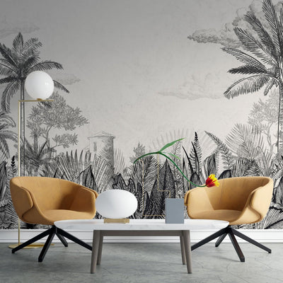 tapet personalizat tropical cu un sketch de natura tropicala in tonuri neutre oferind un aspect rustic si elegant tropical sketch
