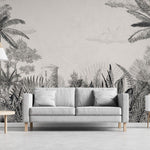 Tapet personalizat tropical cu un sketch de natura tropicala in tonuri neutre oferind un aspect rustic si elegant tropical sketch