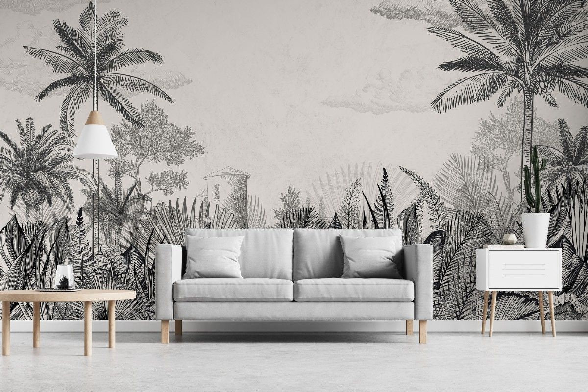 tapet personalizat tropical cu un sketch de natura tropicala in tonuri neutre oferind un aspect rustic si elegant tropical sketch