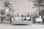 Tapet personalizat tropical cu un sketch de natura tropicala in tonuri neutre oferind un aspect rustic si elegant tropical sketch