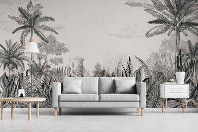 tapet personalizat tropical cu un sketch de natura tropicala in tonuri neutre oferind un aspect rustic si elegant tropical sketch