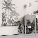 Tapet personalizat tropical cu un sketch de natura tropicala in tonuri neutre oferind un aspect rustic si elegant tropical sketch