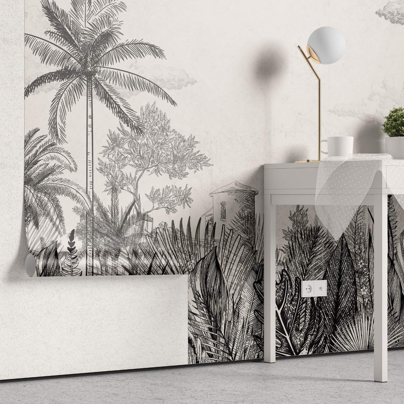 tapet personalizat tropical cu un sketch de natura tropicala in tonuri neutre oferind un aspect rustic si elegant tropical sketch