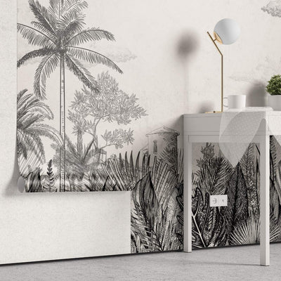 tapet personalizat tropical cu un sketch de natura tropicala in tonuri neutre oferind un aspect rustic si elegant tropical sketch