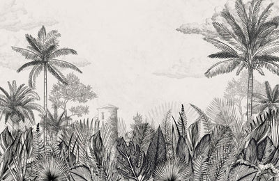 tapet personalizat tropical cu un sketch de natura tropicala in tonuri neutre oferind un aspect rustic si elegant tropical sketch