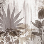 Tapet personalizat tropical cu frunze estompate in tonuri de alb si maro aducand o atmosfera eterica si luminoasa faded tropical