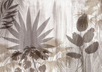 Tapet personalizat tropical cu frunze estompate in tonuri de alb si maro aducand o atmosfera eterica si luminoasa faded tropical
