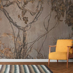 Tapet personalizat tropical cu umbre monocrome maronii de plante tropicale si liane creand un joc subtil de lumina si intuneric sepia vine shadows