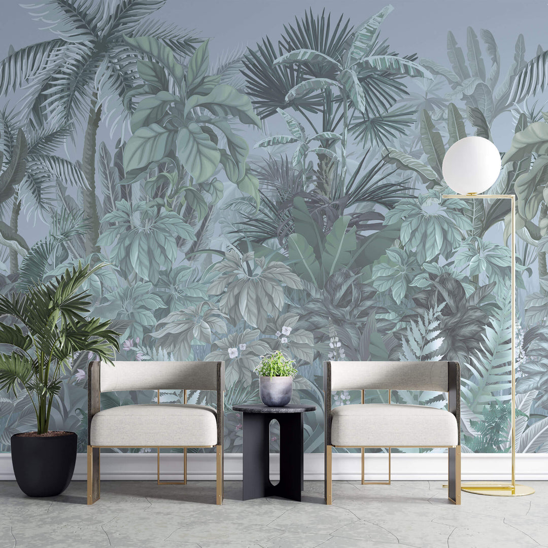 Tapet personalizat Tropical cu plante tropicale intr-un fundal albastru - BLUE TINTED JUNGLE
