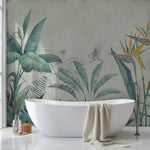 Tapet personalizat Tropical cu plante tropicale in nuante de verde si fundal bej - PARADISE TROPIC SKETCH
