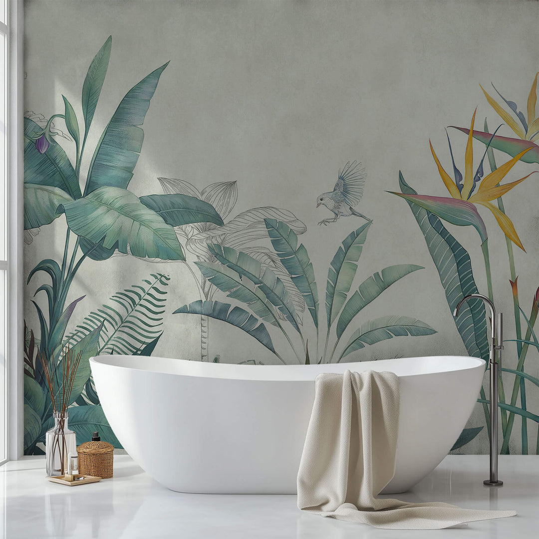 Tapet personalizat Tropical cu plante tropicale in nuante de verde si fundal bej - PARADISE TROPIC SKETCH