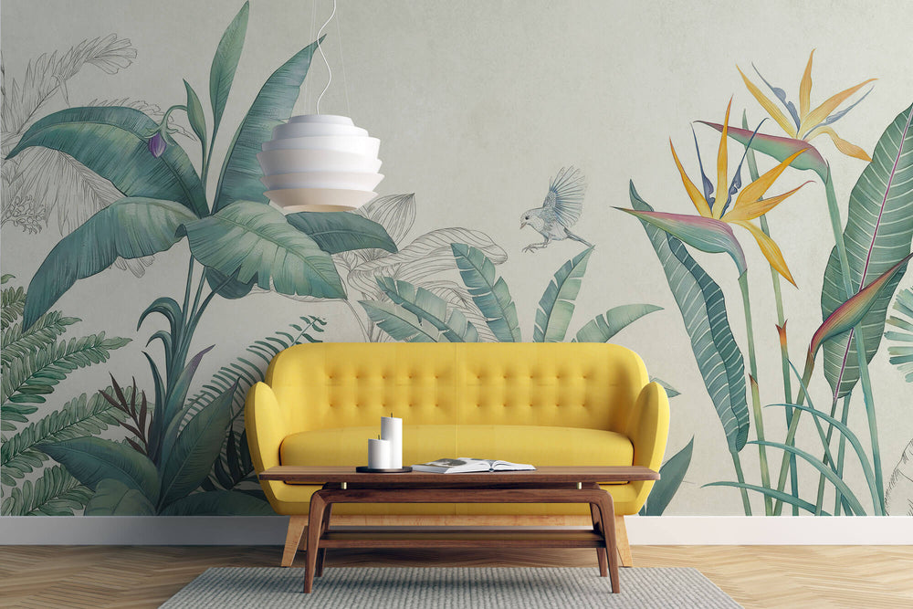 Tapet personalizat Tropical cu plante tropicale in nuante de verde si fundal bej - PARADISE TROPIC SKETCH