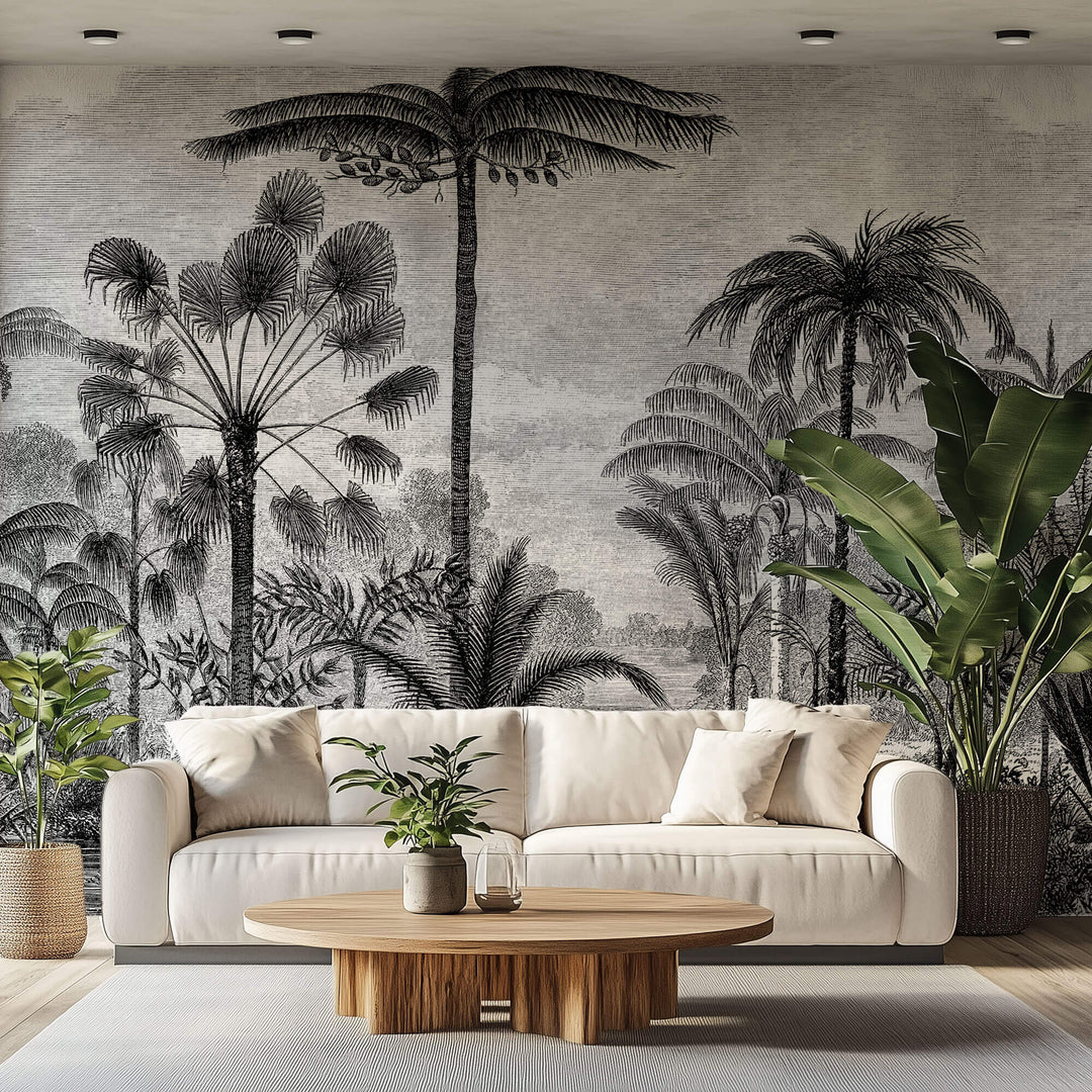 Tapet personalizat Tropical cu peisaj tropical desenat in dungi alb si negru - TROPICAL POSTCARD