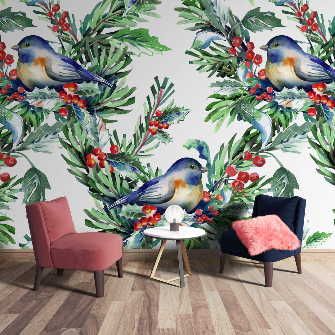 Tapet personalizat Tropical cu pasari si fructe - BIRDS AND BERRIES