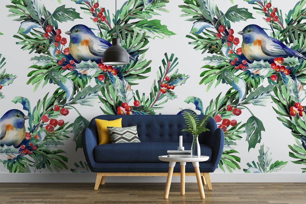 Tapet personalizat Tropical cu pasari si fructe - BIRDS AND BERRIES