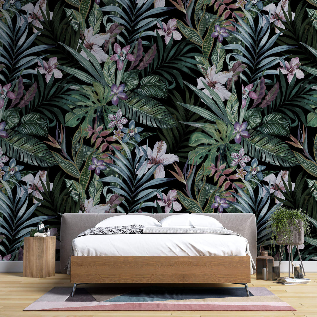 Tapet personalizat Tropical cu plante tropicale si flori de hibiscus - DARK PINKY TROPICAL