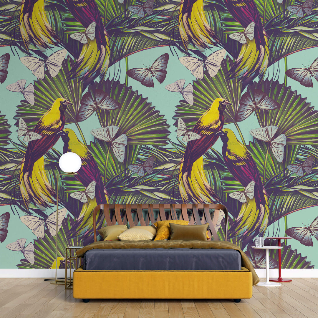 Tapet personalizat Tropical cu papagali si fluturi tropicali - YELLOW BIRDS PATTERN