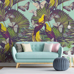 Tapet personalizat Tropical cu papagali si fluturi tropicali - YELLOW BIRDS PATTERN