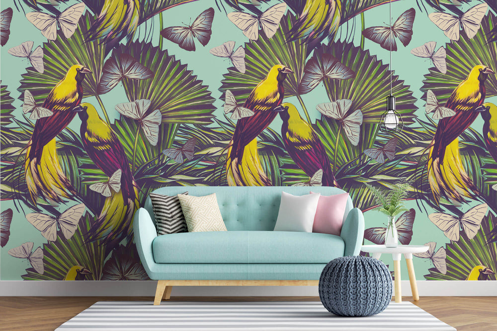 Tapet personalizat Tropical cu papagali si fluturi tropicali - YELLOW BIRDS PATTERN