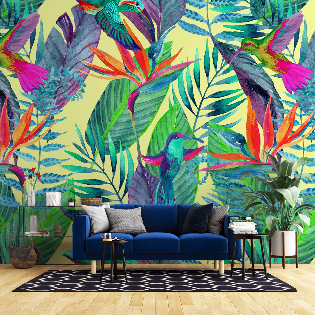 Tapet personalizat Tropical cu pasari si plante verzi - FLASHY TROPICAL