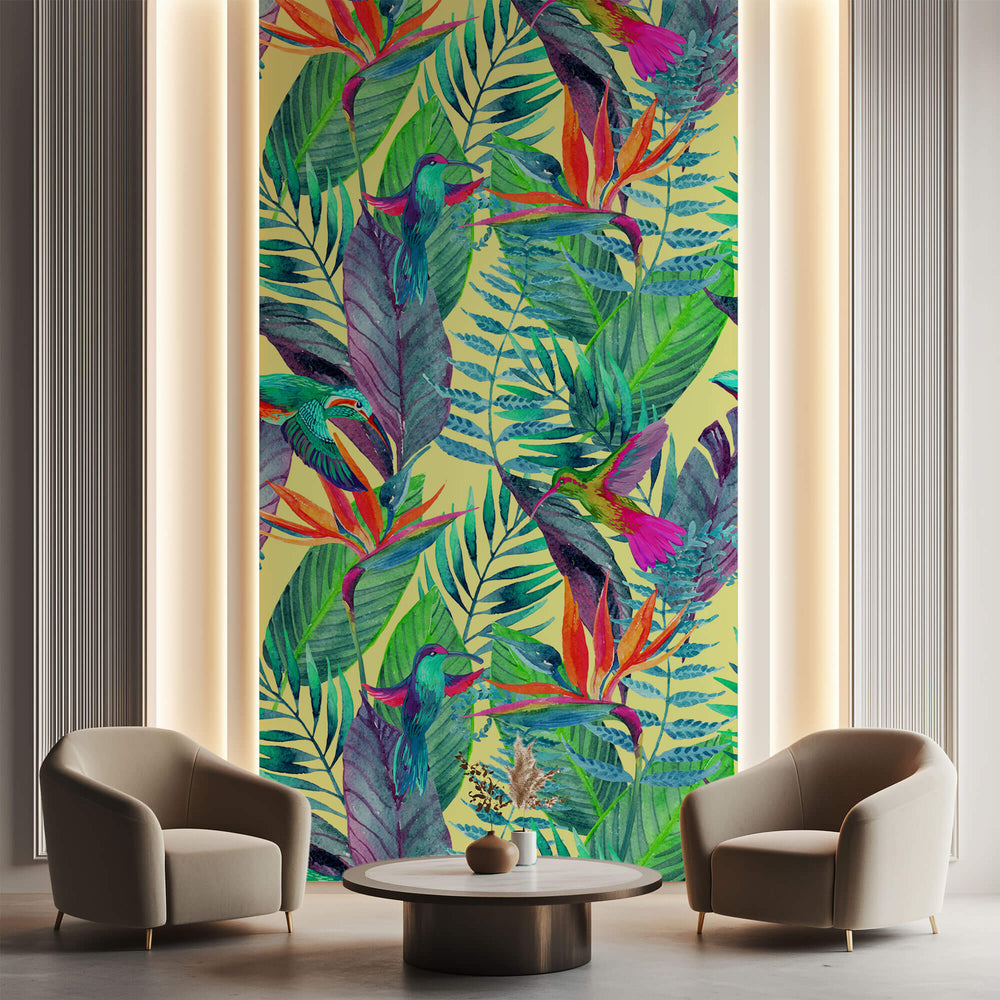 Tapet personalizat Tropical cu pasari si plante verzi - FLASHY TROPICAL