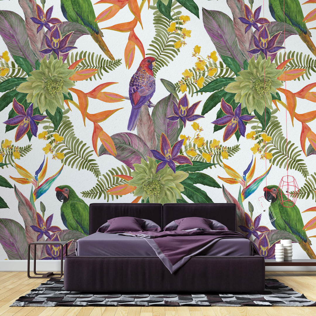 Tapet personalizat Tropical cu papagali si flori exotice - FRENZY PARROTS