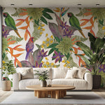 Tapet personalizat Tropical cu papagali si flori exotice - FRENZY PARROTS