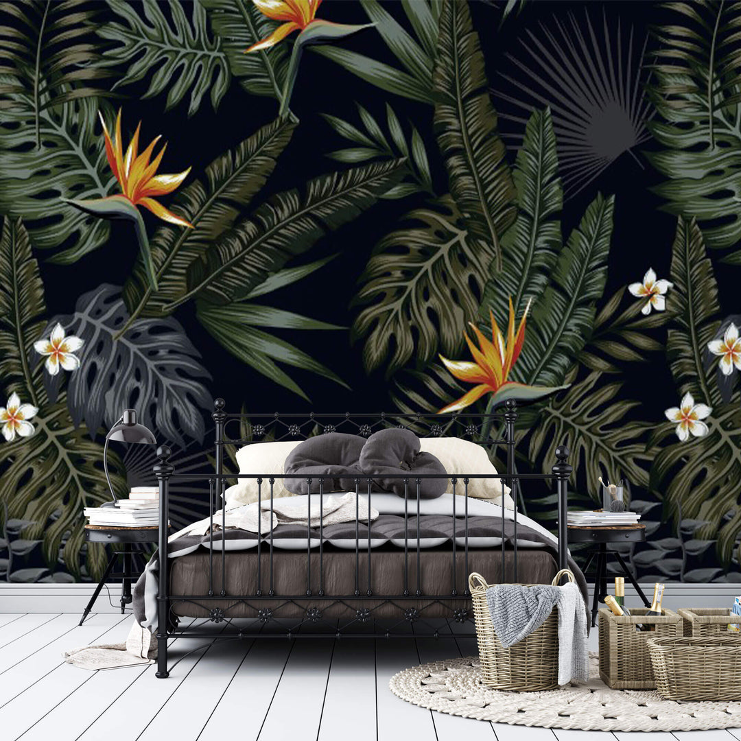Tapet personalizat Tropical cu frunze si flori tropicale pe un fundal negru - BLACK PARADISE