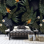 Tapet personalizat Tropical cu frunze si flori tropicale pe un fundal negru - BLACK PARADISE