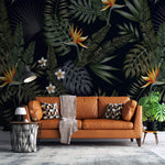 Tapet personalizat Tropical cu frunze si flori tropicale pe un fundal negru - BLACK PARADISE