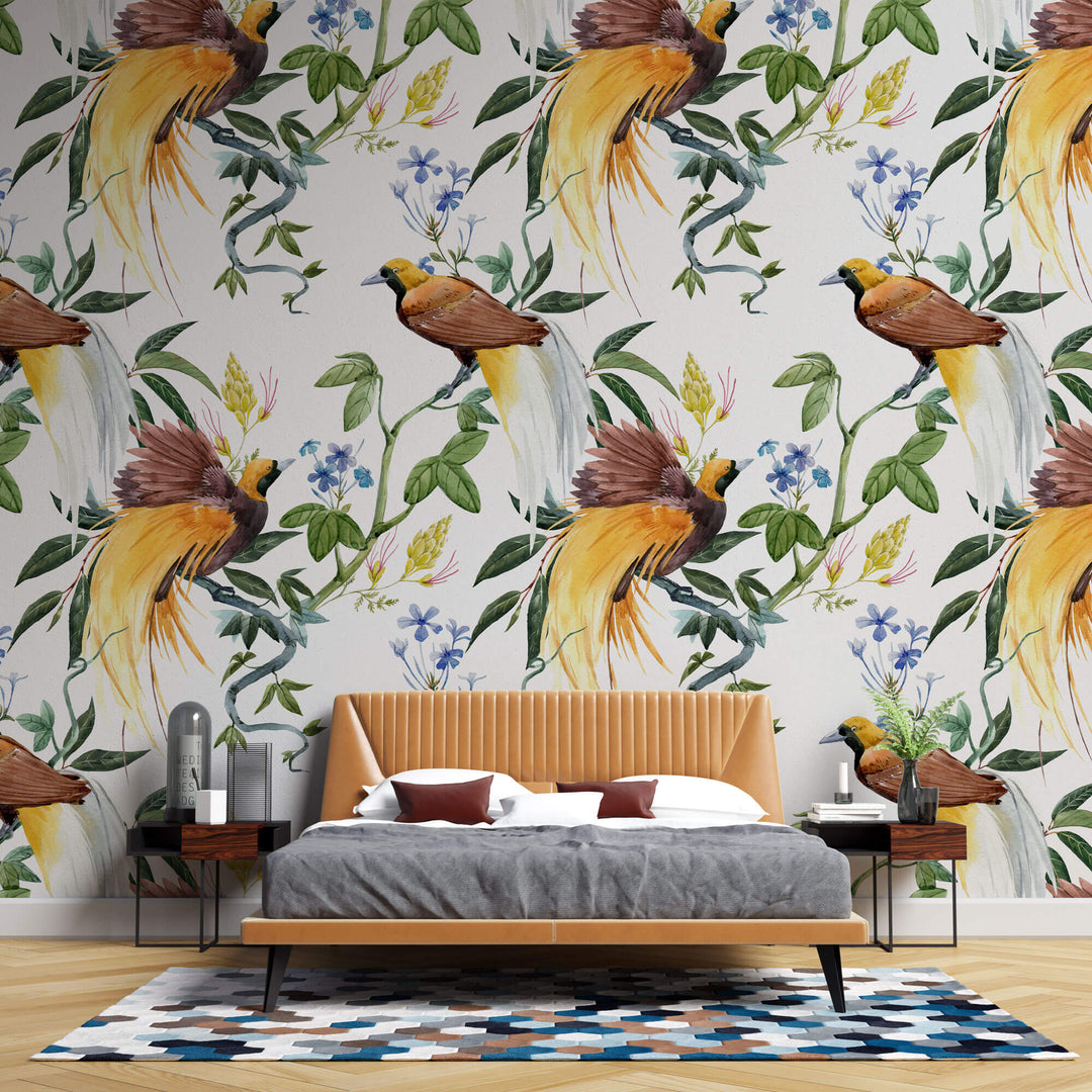 Tapet personalizat Tropical cu pasari si flori exotice - AUSTRALIAN JURONG