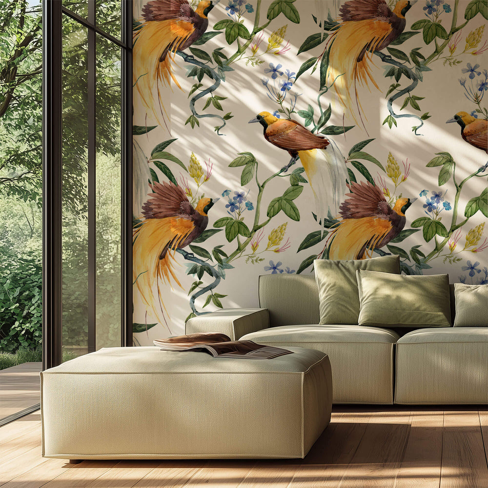 Tapet personalizat Tropical cu pasari si flori exotice - AUSTRALIAN JURONG