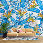Tapet personalizat Tropical cu floarea paradisului si frunze de palmieri albastre - BLUE BIRD OF PARADISE