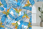 Tapet personalizat Tropical cu floarea paradisului si frunze de palmieri albastre - BLUE BIRD OF PARADISE