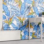 Tapet personalizat Tropical cu floarea paradisului si frunze de palmieri albastre - BLUE BIRD OF PARADISE
