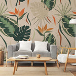 Tapet personalizat Tropical cu plante tropicale pe un fundal crem - BOHO TROPICAL LEAVES
