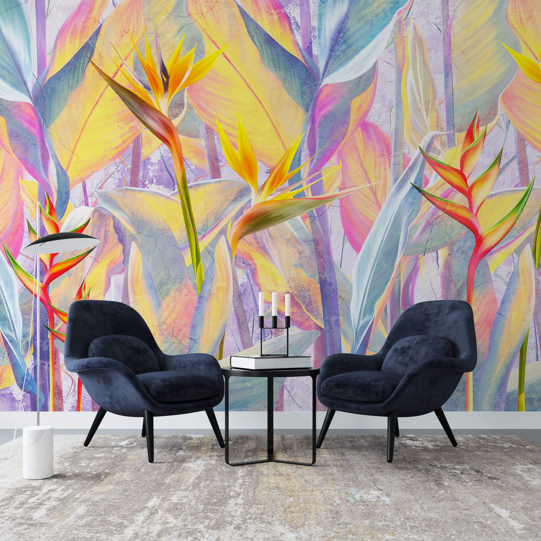 Tapet personalizat Tropical cu floarea paradisului in nuante vibrante de portocaliu si roz - FRENZY BIRD OF PARADISE